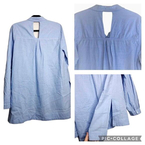 Gibson Latimer Blue Tunic High Low Button Up Pockets Cotton Women Size M Keyhole - Picture 3 of 8